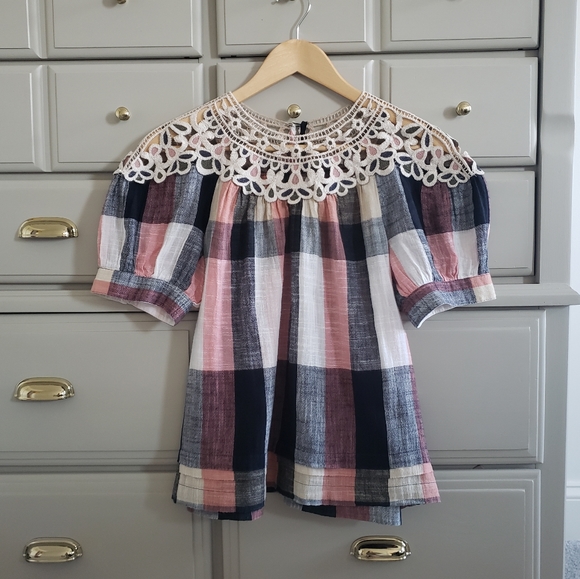 By Anthropologie plaid & lace top size S - Picture 3 of 8